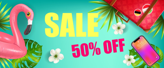 Wall Mural - Sale, fifty percent off discount banner design with palm leaves, smartphone, inflatable flamingo and travel bag on blue background. Typed text can be used for coupons, voucher, posters.