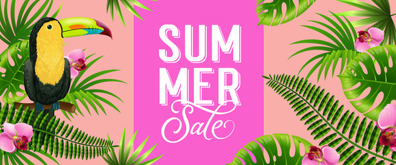 Wall Mural - Summer sale pink banner design with palm leaves, tropical flowers and toucan bird. Text can be used for poster, labels, brochures.