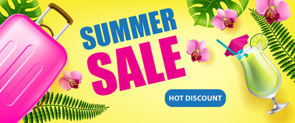 Wall Mural - Summer sale, hot discount banner design with tropical leaves, flowers, cold drink and travel case on yellow background. Typed text can be used for flyers, labels, posters.