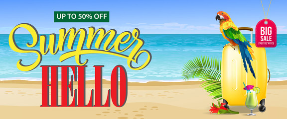 Wall Mural - Up to fifty percent off, big sale summer banner design. Fresh cocktail, red flower, yellow travel case, parrot and sand beach. Text can be used for coupons, voucher, posters.