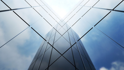 low angle view of generic modern office skyscrapers ,high rise buildings with abstract geometry glas