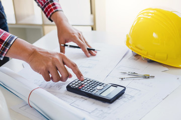 Wall Mural - workplace items tools for project, architect or engineer working on blueprint for architectural proj