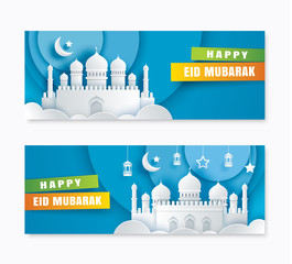 Poster - Happy Eid Mubarak greeting card with mosque and crescent moon paper art background. Ramadan Kareem vector illustration. Use for banner, poster, flyer, brochure sale template.