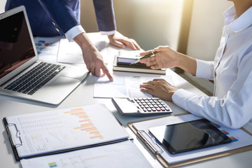 Poster - Partner meeting of business people colleagues consultation and discussion marketing plan meeting concept on financial report and analyzing investment project to development grow to success