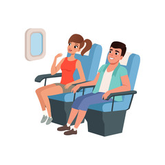 Sticker - Young tourist couple sitting in airplane seats, people traveling together during summer vacation vector Illustration on a white background