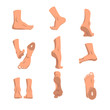 Human foot in various positions set, different views of male feet vector Illustrations on a white background