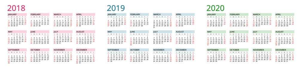 Simple Calendar template for 2018, 2019 and 2020. Week starts from Sunday. Flat style color vector illustration. Yearly calendar template. Portrait Orientation. Set of 12 Months.