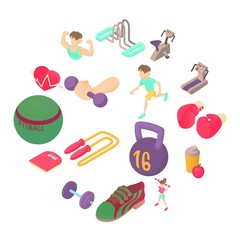 Wall Mural - Fitness icons set in isometric 3d style. Sports equipment set collection vector illustration