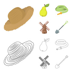 Wall Mural - Straw hat, pear with leaf, watering hose, windmill. Farmer and gardening set collection icons in cartoon,outline style vector symbol stock illustration web.