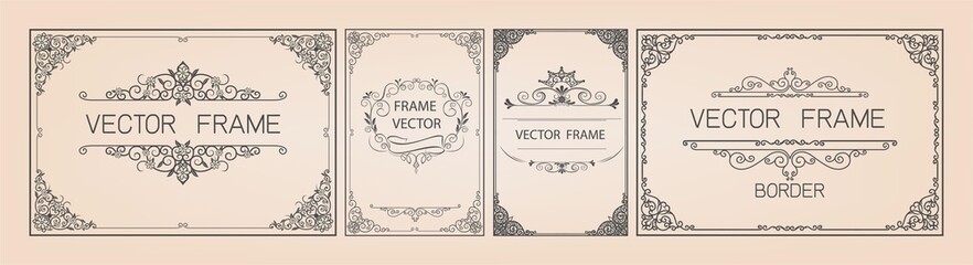 Fototapete - 	 Set of gold border and frame template with corner Thailand line floral for picture, Vector design decoration pattern Thai art style.frame border design is pattern