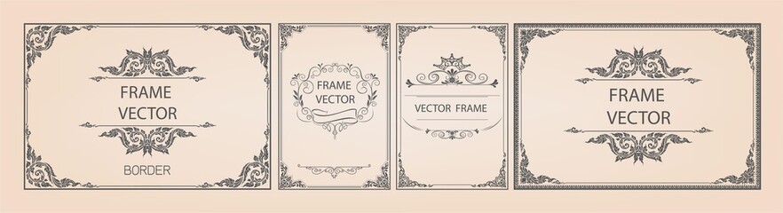 Leinwandbilder - 	 Set of gold border and frame template with corner Thailand line floral for picture, Vector design decoration pattern Thai art style.frame border design is pattern