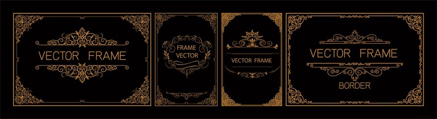 pr set of gold border and frame template with corner thailand line floral for picture, vector design