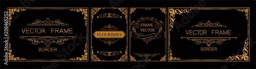 Fotomural Pr Set of gold border and frame template with corner Thailand line floral for picture, Vector design decoration pattern Thai art style