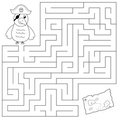 Wall Mural - Educational maze game for kids. Help the pirate parrot find the way to the treasure map. Coloring page. Vector illustration