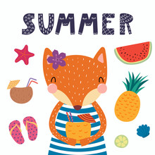 Hand Drawn Vector Illustration Of A Cute Funny Fox In A Striped Dress, With A Cocktail, Summer Elements, Lettering Quote. Isolated Objects. Scandinavian Style Flat Design. Concept For Children Print.
