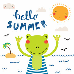 Hand drawn vector illustration of a cute funny frog in a vintage swimsuit, on the beach, with lettering quote Hello summer. Isolated objects. Scandinavian style flat design. Concept for children print