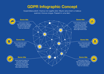 Leinwandbilder - European GDPR infographic concept with shield symbol made from network polygons as main symbol with several icons, isolated on dark blue background. Easy to use for your website or presentation.