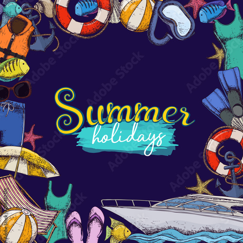 Papel de parede Set of beach summer holidays accessories, sketch cartoon illustration