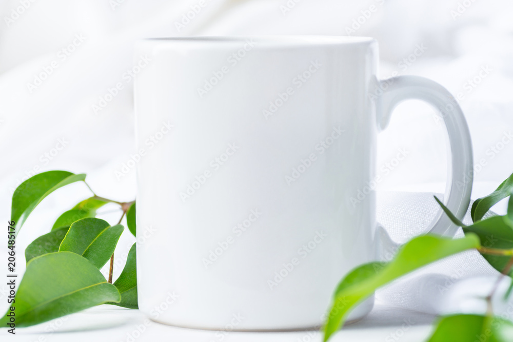 Download Blank White Mug Mockup On Cotton Linen Fabric Background Fresh Tree Branches With Green Leaves Template Space For Creative Artwork Lettering Text Product Promotion Branding Elegant Feminine Style Wall Mural Olindana