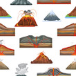 Volcano vector eruption and volcanism or explosion convulsion of nature volcanic in mountains illustration set of volcanology seamless pattern background