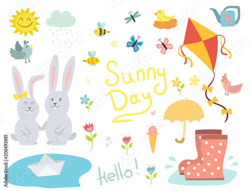 Spring vector natural floral symbols with blossom gardening tools beauty desi...