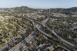 Aerial view of Ventura 101 Freeway and Hollywood 170 freeways in the San Fernando Valley area of Los Angeles, California.