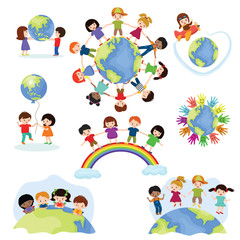 Children world vector happy kids on planet earth in peace and worldwide earthly friendship illustration peaceful childish set of boys or girls together isolated on white background