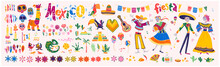 Big Vector Set Of Mexico Elements, Skeleton Characters, Animals In Flat Hand Drawn Style Isolated On White Background. Icons For Fiesta, Celebration, National Patterns, Decoration, Traditional Food.