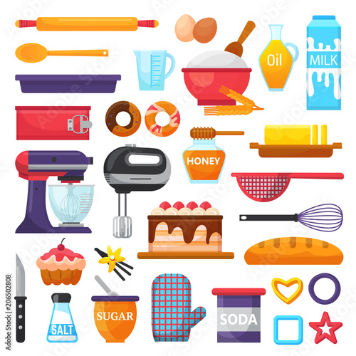 Fotomural Baking vector kitchenware and food bakery ingredients for cake illustration caki