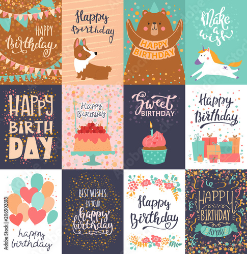 Happy birthday card vector anniversary greeting postcard with lettering and k...