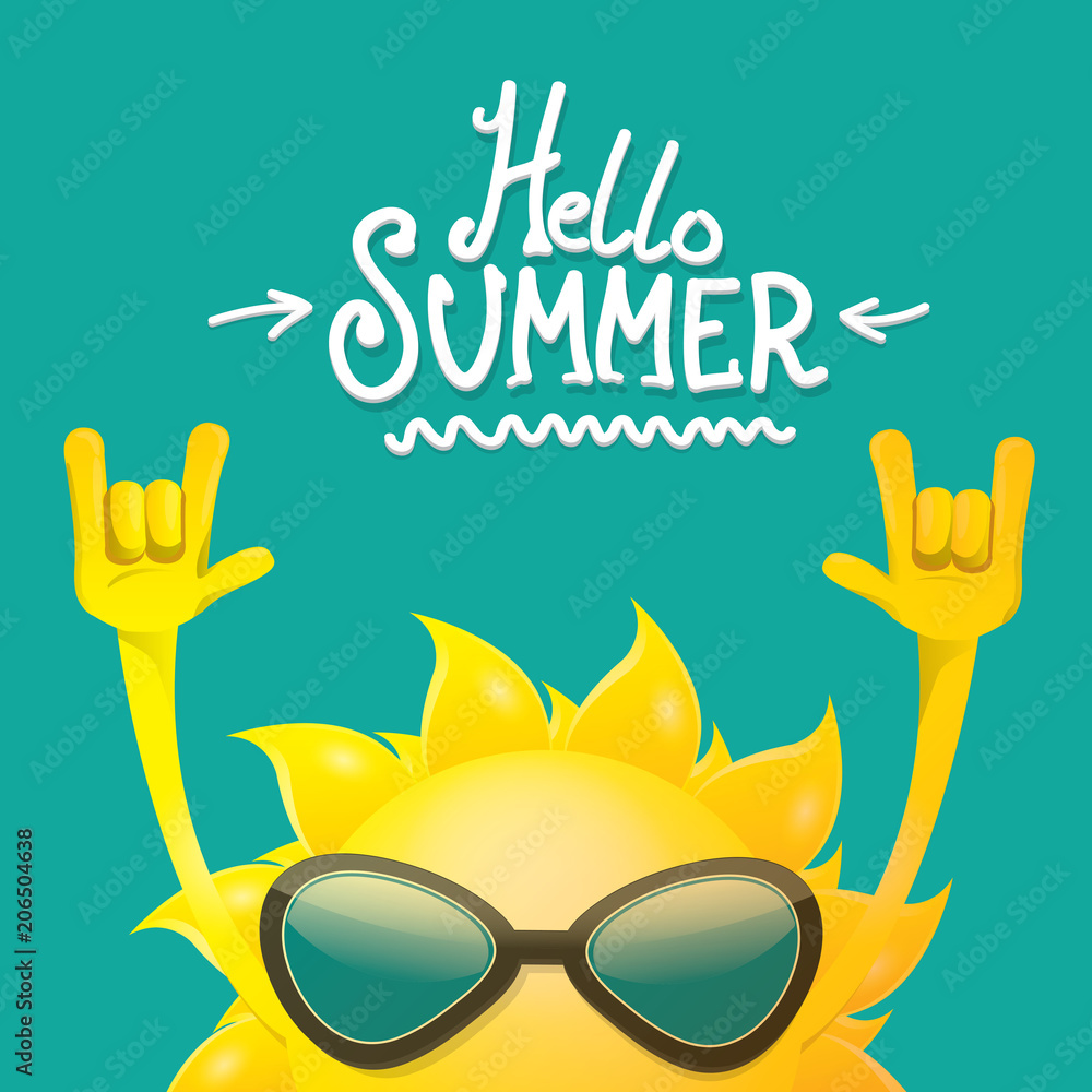 hello summer funky rock n roll vector label isolated on azure. summer party background with funky sun character design template. vector summer party poster - obrazy, fototapety, plakaty 