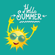 Hello Summer Funky Rock N Roll Vector Label Isolated On Azure. Summer Party Background With Funky Sun Character Design Template. Vector Summer Party Poster