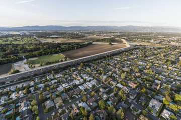 Wall Mural - Aerial view of Encino, the Ventura 101 Freeway and Sepulveda Basin in the San Fernando Valley area of Los Angeles, California.  