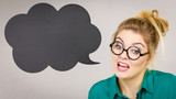 Confident rude business woman with thinking bubble