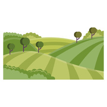 Rural Landscape With Hills And Fields - Summer Green Farmlands With Rows Of Agricultural Plants And Trees. Flat Cartoon Vector Illustration Of Countryside Skyline.