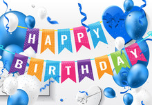 Happy Birthday Greeting Card With Blue White Balloons And Happy Birthday.