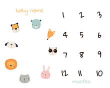 Baby Month Blanket With Numbers And Cute Animals. Vector Hand Drawn Illustration.