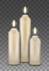 Wall Mural - Three vector realistic burning candles isolated on transparent background