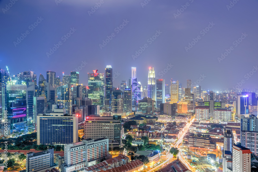 Aerial view of business and residential building skyscraper at Singapore city center. Modern cityscape at blue hour - obrazy, fototapety, plakaty 