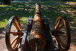 Wooden cossacks canon in public park in summer sun light