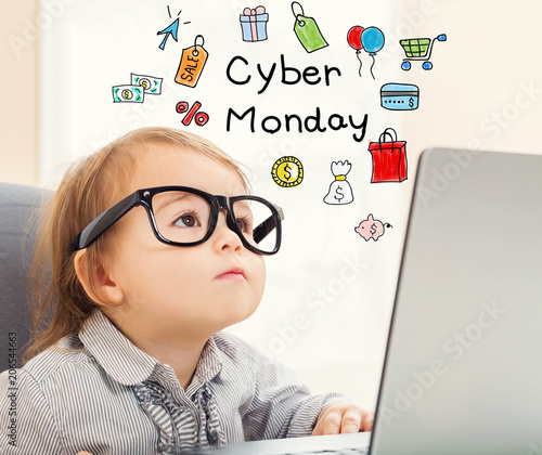 Cyber Monday text with toddler girl using her laptop Billede på lærred
