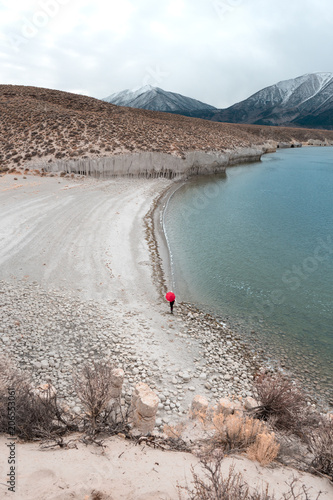 Stampe Walking the Crowley Lake beach by the columns with the Sierra Nevada behind with