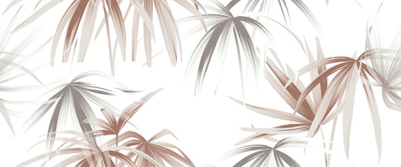 Tropical plant seamless pattern, rose gold and white palm leaves on white background