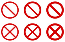 Prohibition Sign (no Symbol) - Red Circle With Diagonal Cross. Versions With Different Width, Single And Double Crossing.