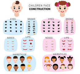 Wall Mural - Child face constructor vector kids character of girl or boy avatar creation head lips nose and eyes illustration set of facial elements construction with children hairstyle isolated on background