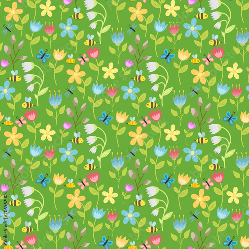 Flowers foliage vector butterfly seamless pattern background flat style berri...