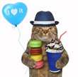 The cat in a hat holds a blue balloon, a cup of coffee and a stack of cookies. White background.