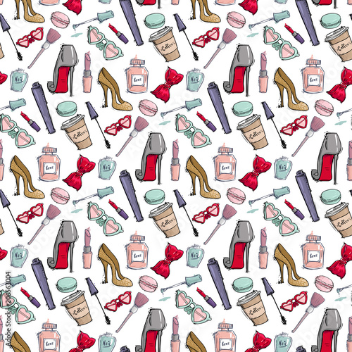 Fashion cosmetics accessories seamless pattern vector colors bright pink styl...