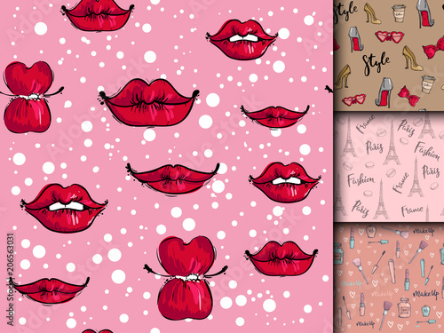 Fashion cosmetics accessories seamless pattern vector colors bright pink styl...