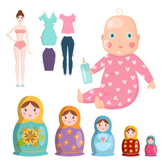 Wall Mural - Dolls toy character game dress and farm scarecrow rag-doll vector illustration